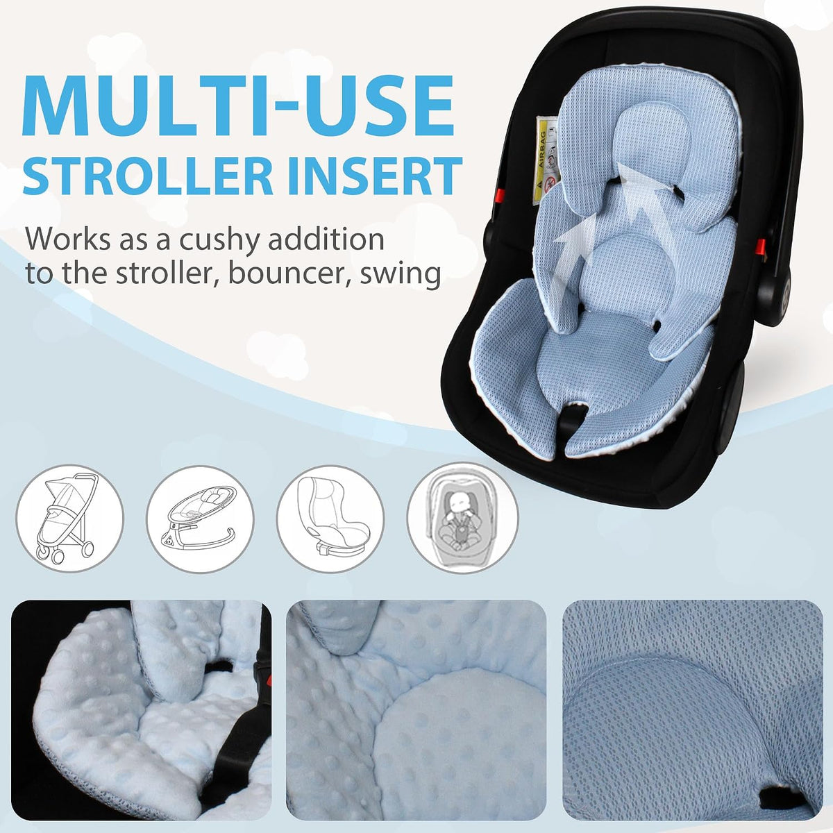 Infant Carseat Insert for Newborn Baby 2-In-1 Reversible Support Pad | Girls Boys Thickened Head & Body Support for Carseats Strollers Swings Bouncers All Seasons Use