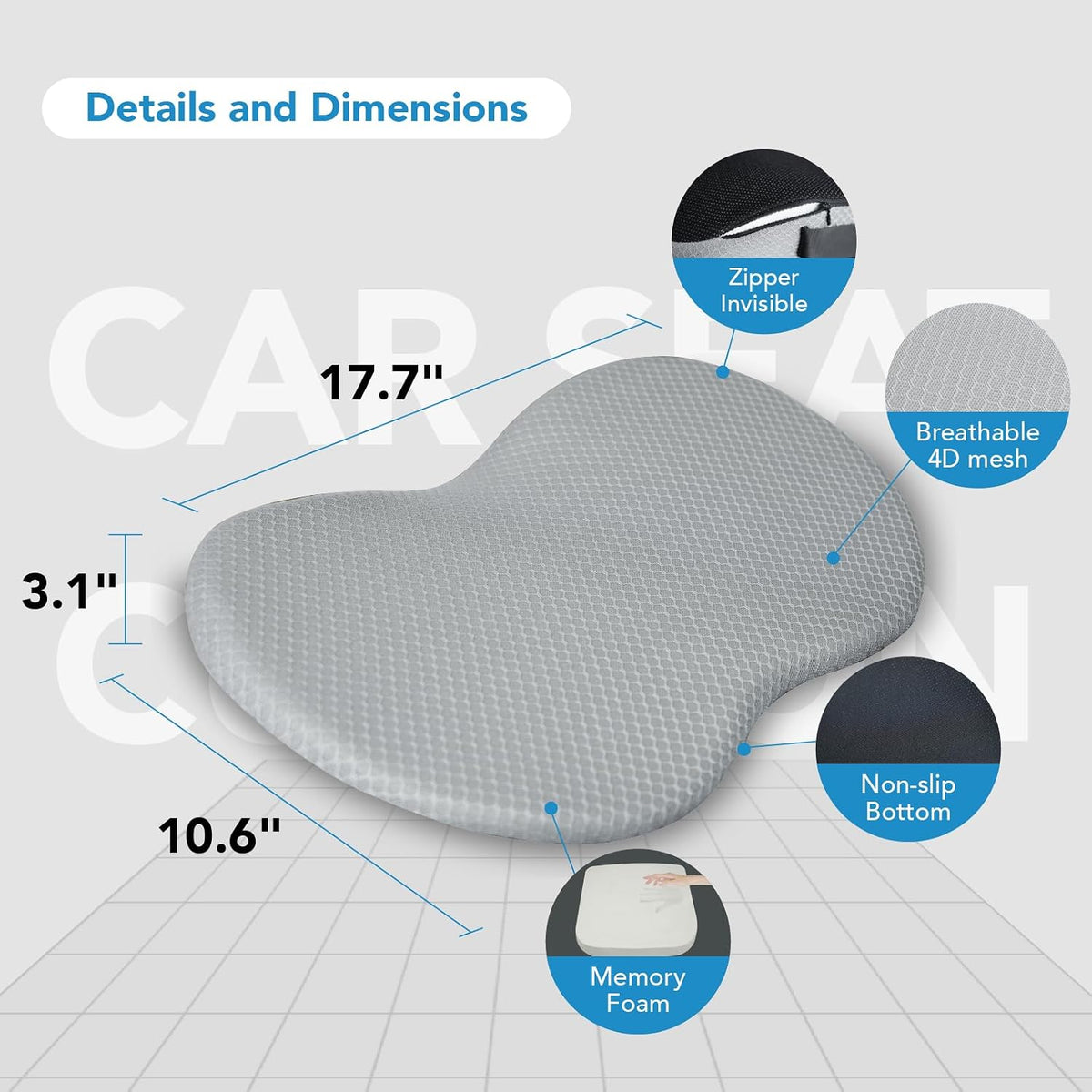 Wedge Car Seat Cushion, Memory Foam Pad for Driving Comfort | High-Density Memory Foam Seat Cushion, 4D Breathable Mesh and Non-Slip Bottom for Long-Drive Comfort and Office Use, Gray