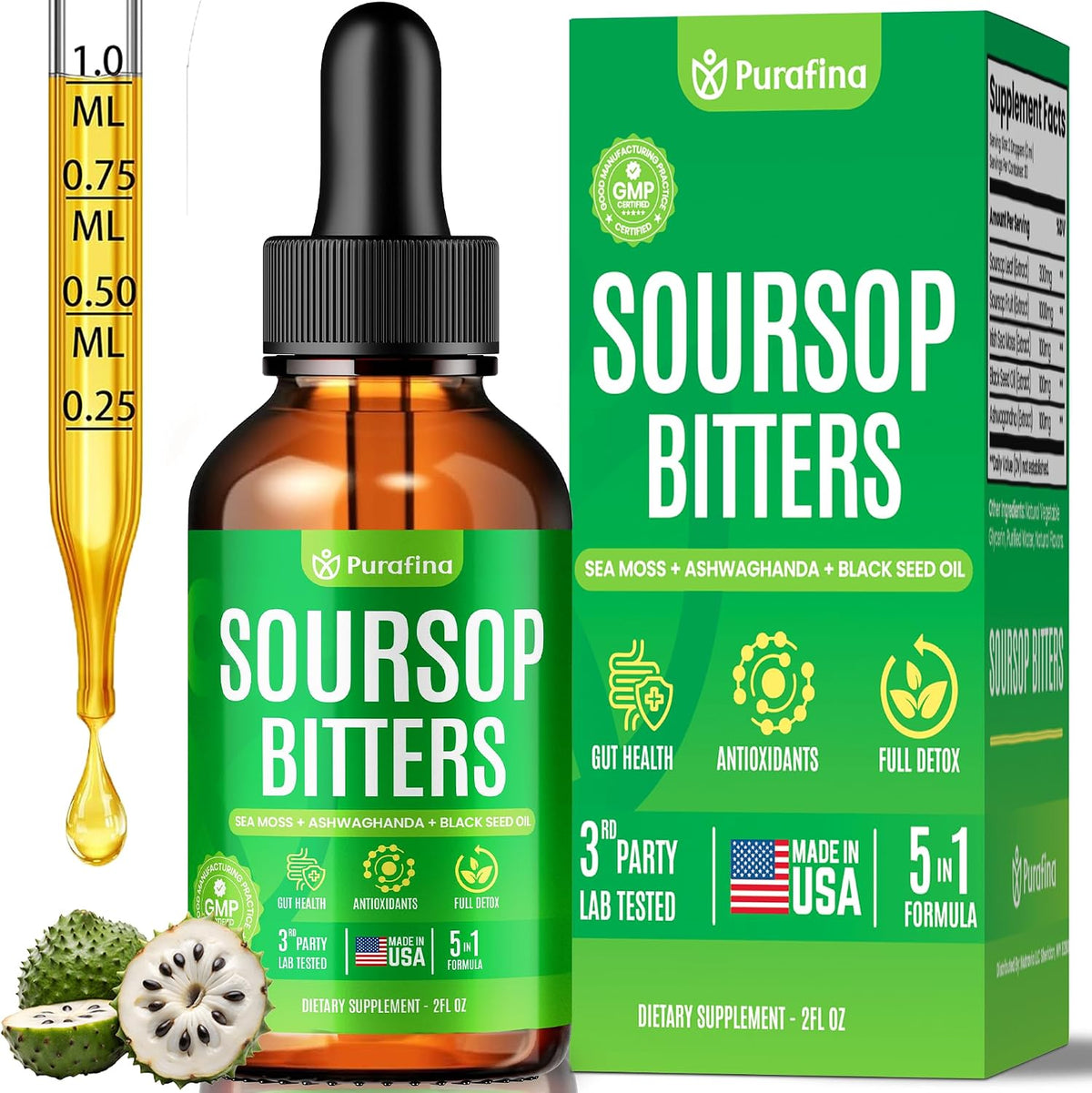 Soursop Bitters Liquid Drops 5-In-1 Detox & Cleanse with Irish Sea Moss, Black Seed Oil, Ashwagandha, Graviola Leaf Extract Organic Sour Sop Supplement Pure Herb Liver, Gut & Antioxidant (1 Bottle)