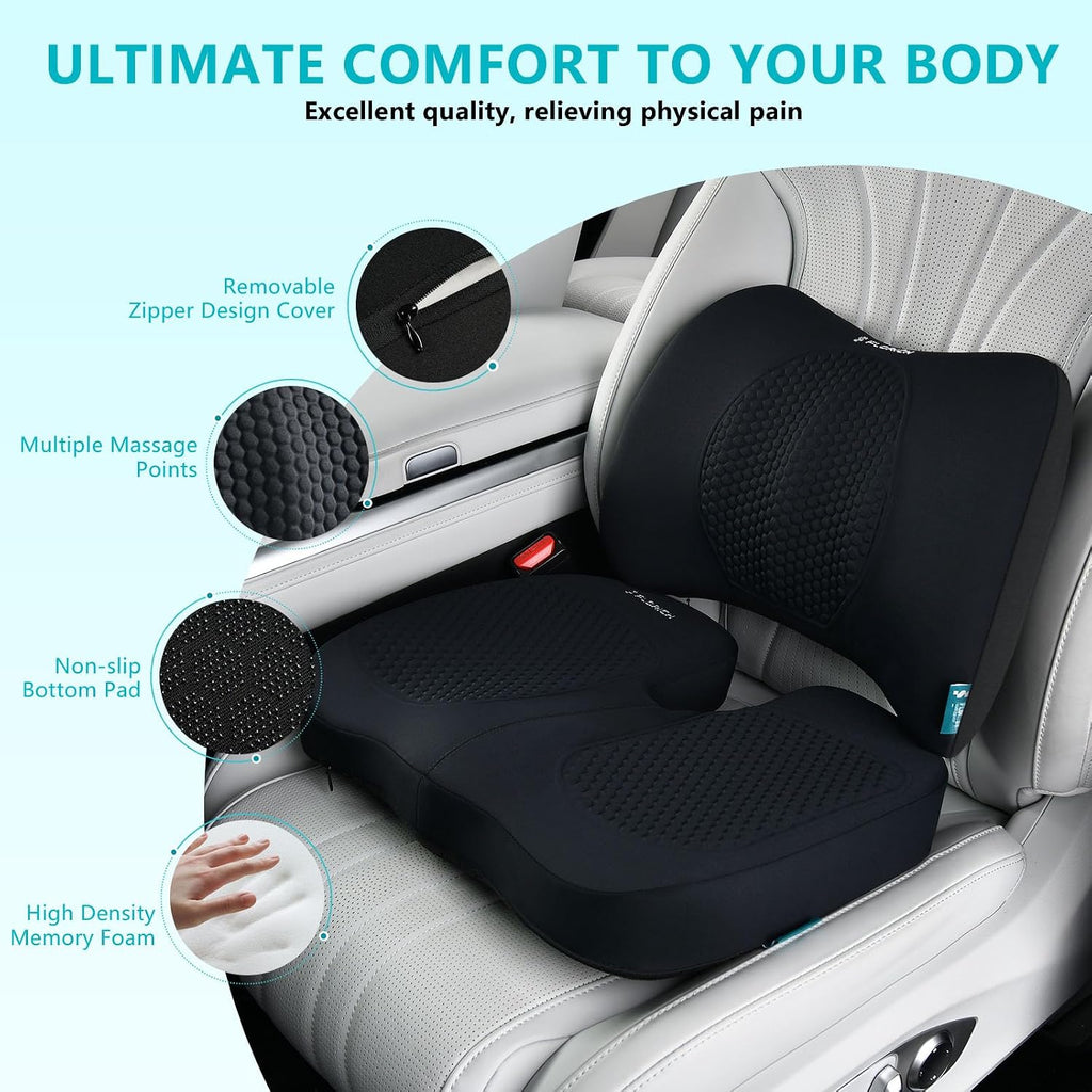 Car Seat Cushion and Back Support for Office Chair Memory Foam Chair Cushions Pressure Relief Seat Pads with Gel Massage Point Lumbar Support (Black)