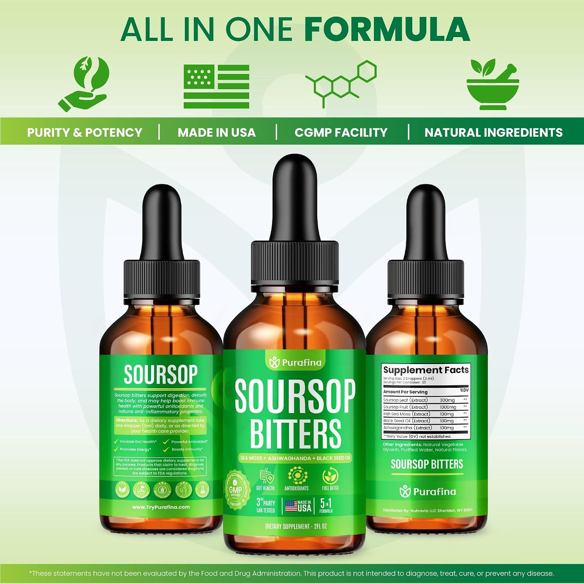 Soursop Bitters Liquid Drops 5-In-1 Detox & Cleanse with Irish Sea Moss, Black Seed Oil, Ashwagandha, Graviola Leaf Extract Organic Sour Sop Supplement Pure Herb Liver, Gut & Antioxidant (1 Bottle)