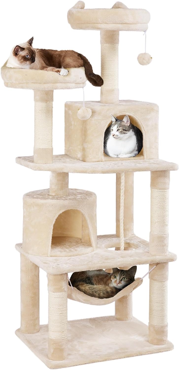 Yaheetech 62.5In Tall Cat Tree W/2 Cat-Ear Perches & 2 Condos, Dark Gray | Multi-Level Cat Tower with Scratching Posts, Hammock, Sturdy 24 X 19In Base and 88 Lb Capacity for Medium & Large Indoor Cats