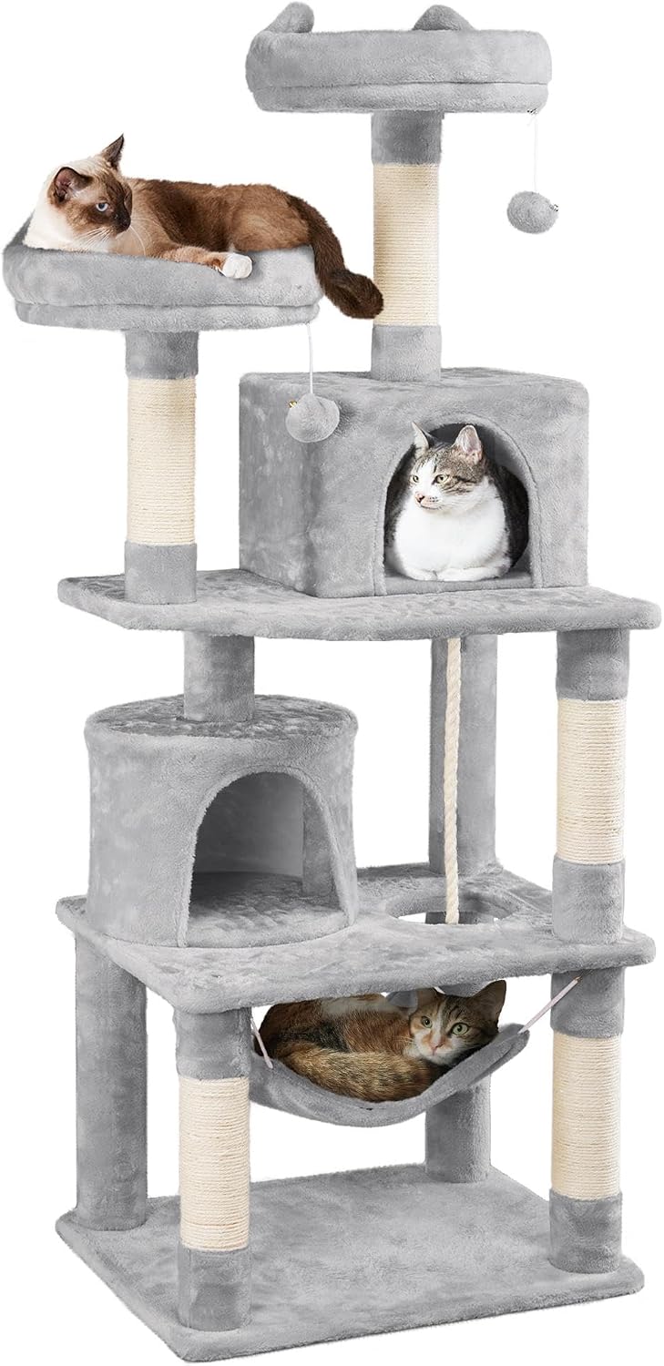 Yaheetech 62.5In Tall Cat Tree W/2 Cat-Ear Perches & 2 Condos, Dark Gray | Multi-Level Cat Tower with Scratching Posts, Hammock, Sturdy 24 X 19In Base and 88 Lb Capacity for Medium & Large Indoor Cats
