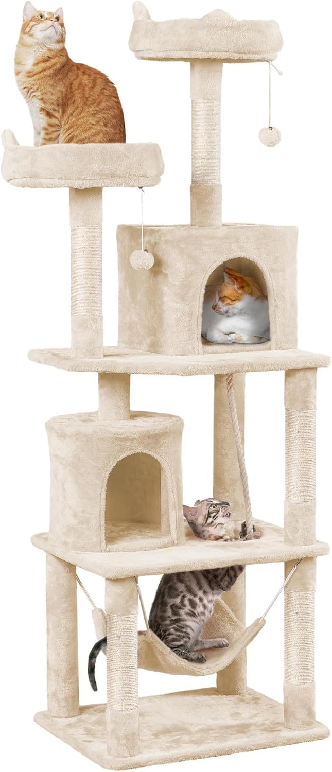Yaheetech 62.5In Tall Cat Tree W/2 Cat-Ear Perches & 2 Condos, Dark Gray | Multi-Level Cat Tower with Scratching Posts, Hammock, Sturdy 24 X 19In Base and 88 Lb Capacity for Medium & Large Indoor Cats