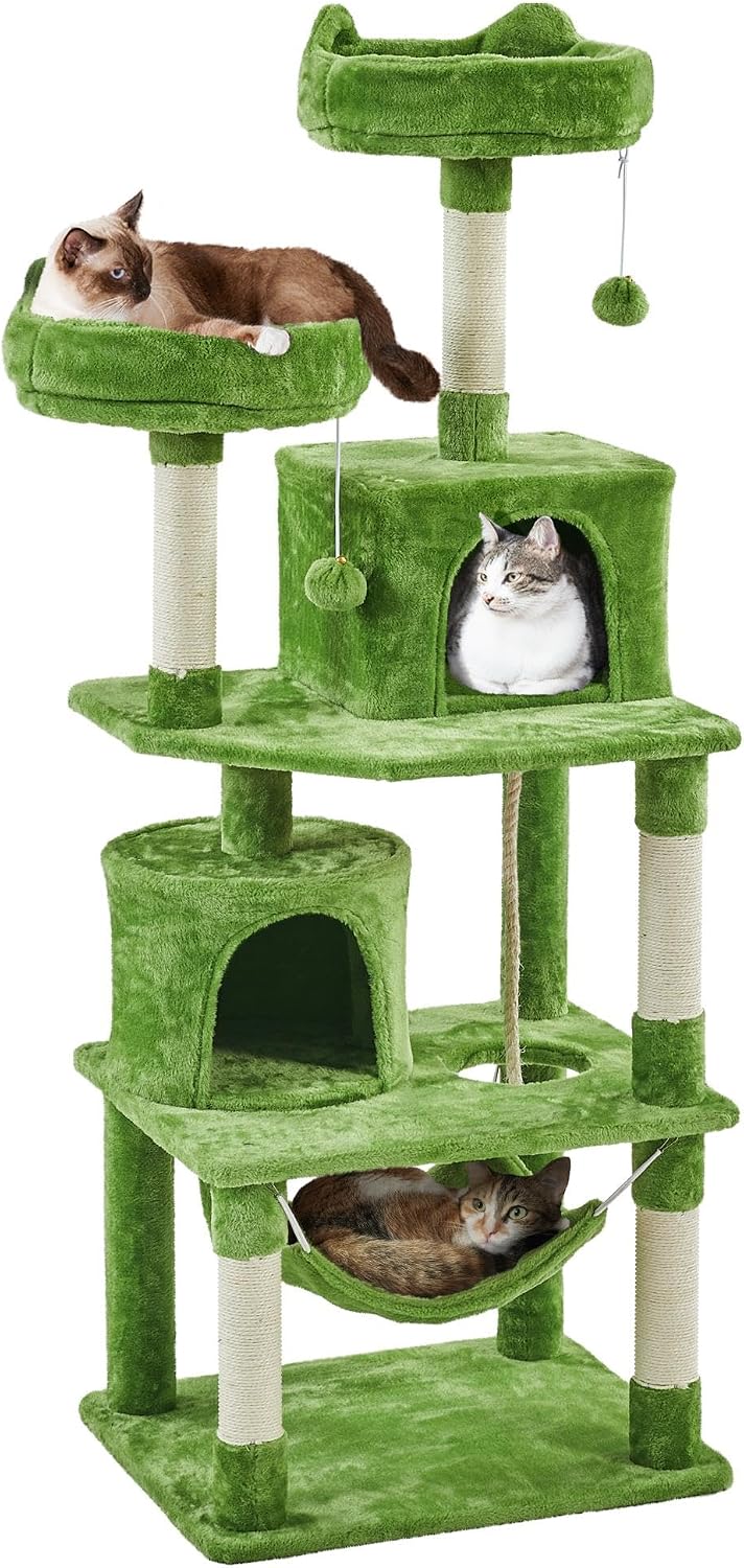 Yaheetech 62.5In Tall Cat Tree W/2 Cat-Ear Perches & 2 Condos, Dark Gray | Multi-Level Cat Tower with Scratching Posts, Hammock, Sturdy 24 X 19In Base and 88 Lb Capacity for Medium & Large Indoor Cats
