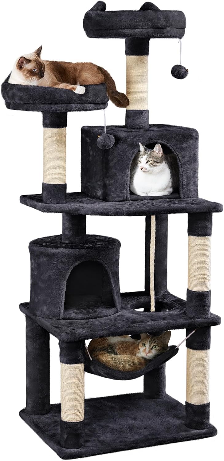 Yaheetech 62.5In Tall Cat Tree W/2 Cat-Ear Perches & 2 Condos, Dark Gray | Multi-Level Cat Tower with Scratching Posts, Hammock, Sturdy 24 X 19In Base and 88 Lb Capacity for Medium & Large Indoor Cats