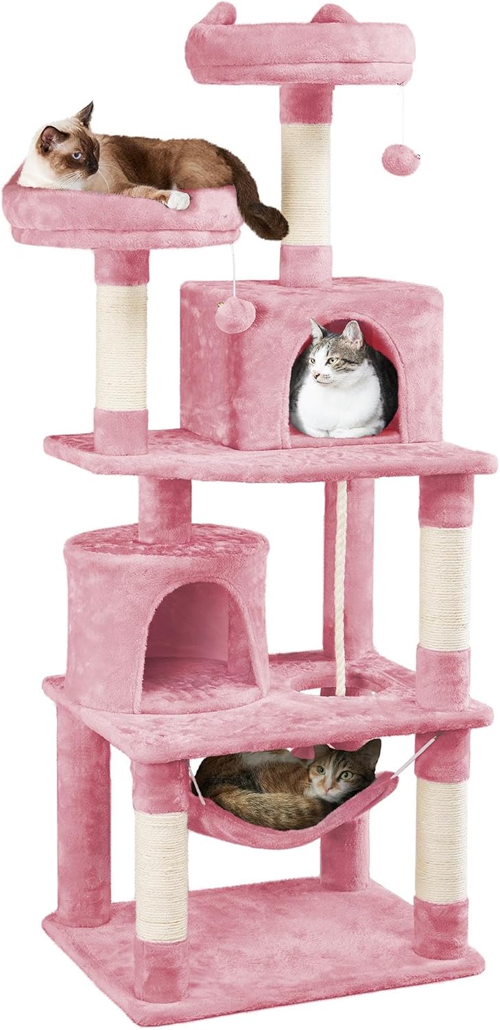 Yaheetech 62.5In Tall Cat Tree W/2 Cat-Ear Perches & 2 Condos, Dark Gray | Multi-Level Cat Tower with Scratching Posts, Hammock, Sturdy 24 X 19In Base and 88 Lb Capacity for Medium & Large Indoor Cats