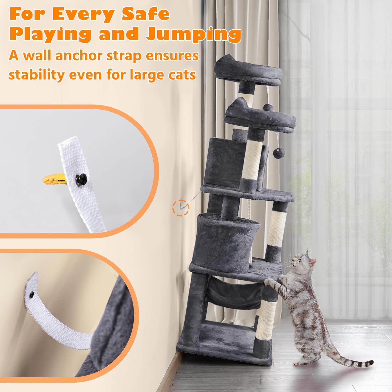 Yaheetech 62.5In Tall Cat Tree W/2 Cat-Ear Perches & 2 Condos, Dark Gray | Multi-Level Cat Tower with Scratching Posts, Hammock, Sturdy 24 X 19In Base and 88 Lb Capacity for Medium & Large Indoor Cats