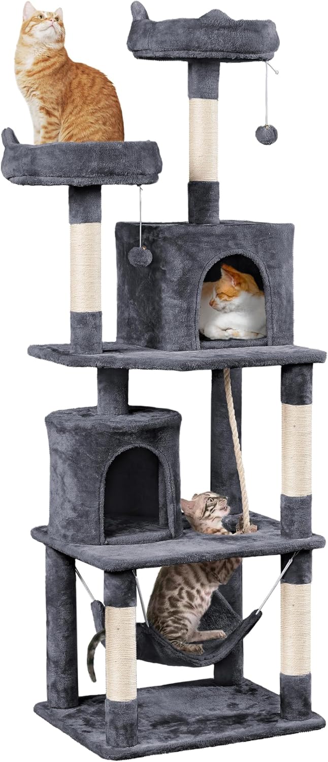 Yaheetech 62.5In Tall Cat Tree W/2 Cat-Ear Perches & 2 Condos, Dark Gray | Multi-Level Cat Tower with Scratching Posts, Hammock, Sturdy 24 X 19In Base and 88 Lb Capacity for Medium & Large Indoor Cats