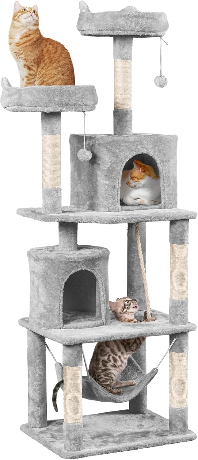 Yaheetech 62.5In Tall Cat Tree W/2 Cat-Ear Perches & 2 Condos, Dark Gray | Multi-Level Cat Tower with Scratching Posts, Hammock, Sturdy 24 X 19In Base and 88 Lb Capacity for Medium & Large Indoor Cats