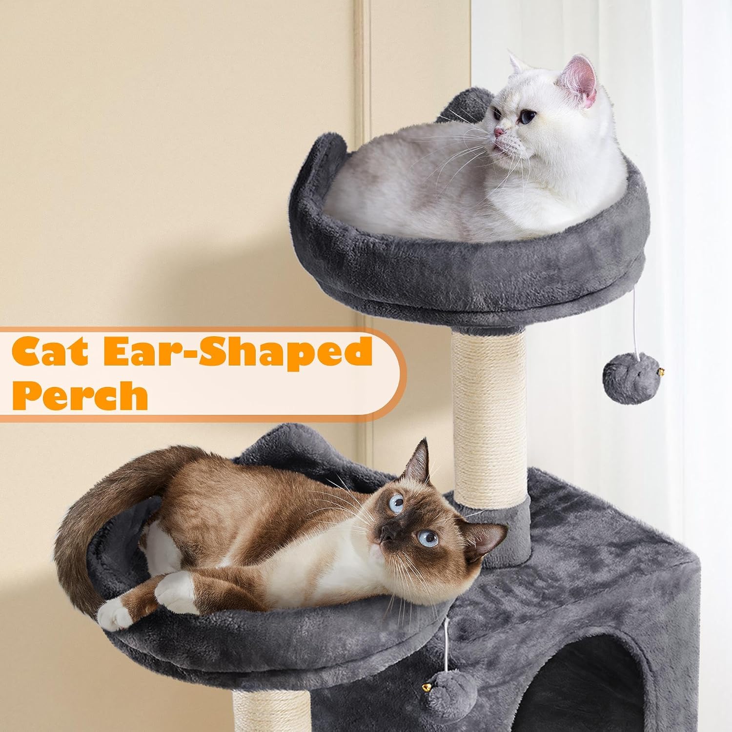 Yaheetech 62.5In Tall Cat Tree W/2 Cat-Ear Perches & 2 Condos, Dark Gray | Multi-Level Cat Tower with Scratching Posts, Hammock, Sturdy 24 X 19In Base and 88 Lb Capacity for Medium & Large Indoor Cats