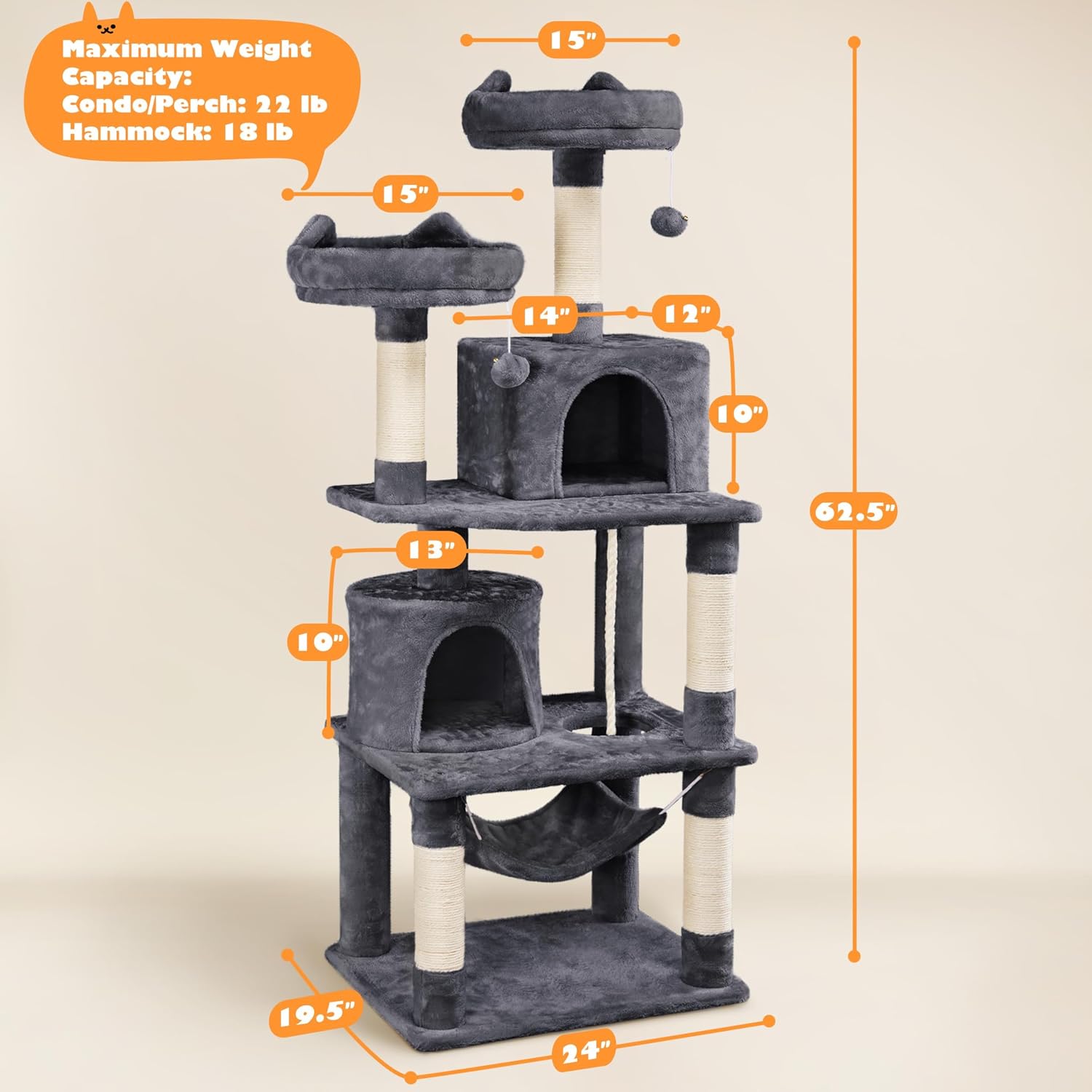 Yaheetech 62.5In Tall Cat Tree W/2 Cat-Ear Perches & 2 Condos, Dark Gray | Multi-Level Cat Tower with Scratching Posts, Hammock, Sturdy 24 X 19In Base and 88 Lb Capacity for Medium & Large Indoor Cats