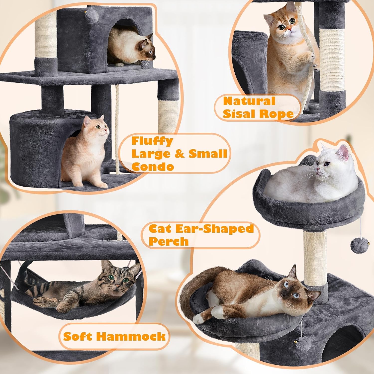 Yaheetech 62.5In Tall Cat Tree W/2 Cat-Ear Perches & 2 Condos, Dark Gray | Multi-Level Cat Tower with Scratching Posts, Hammock, Sturdy 24 X 19In Base and 88 Lb Capacity for Medium & Large Indoor Cats