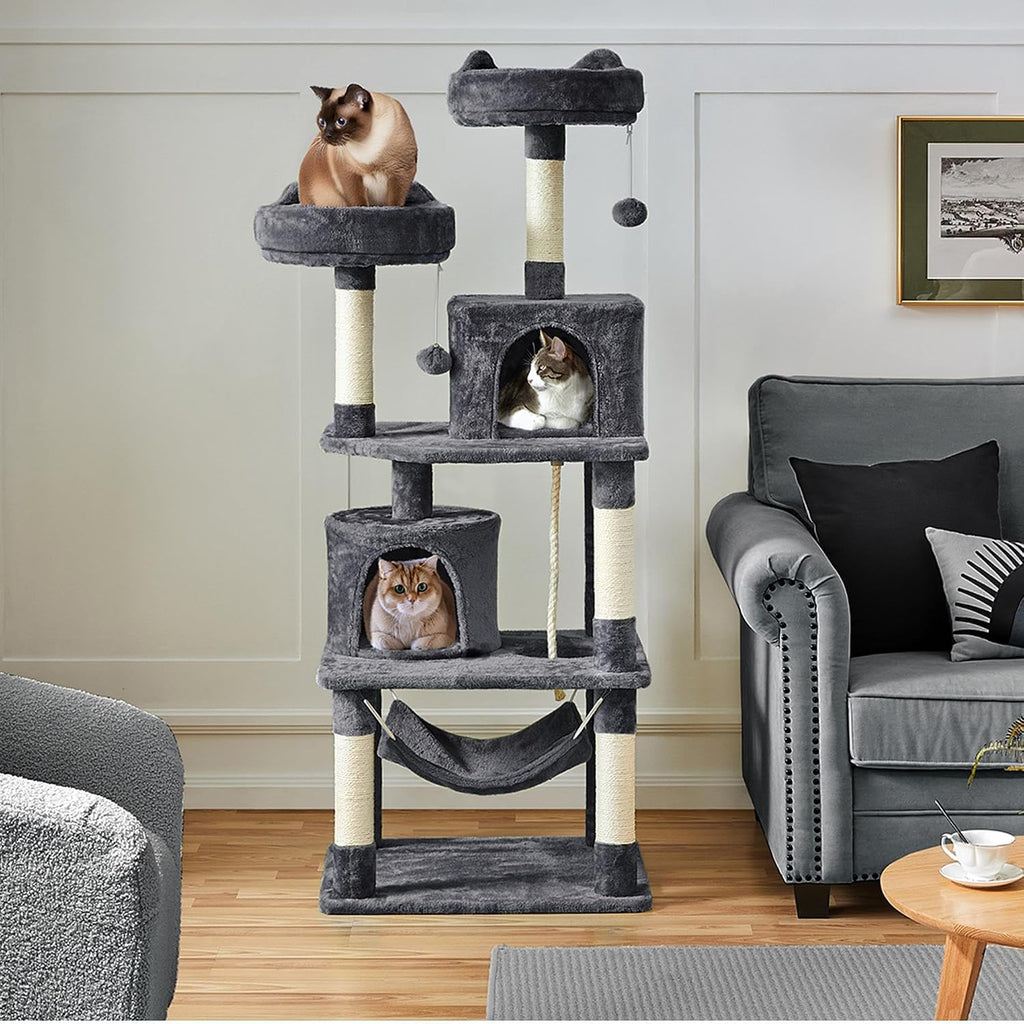 Yaheetech 62.5In Tall Cat Tree W/2 Cat-Ear Perches & 2 Condos, Dark Gray | Multi-Level Cat Tower with Scratching Posts, Hammock, Sturdy 24 X 19In Base and 88 Lb Capacity for Medium & Large Indoor Cats