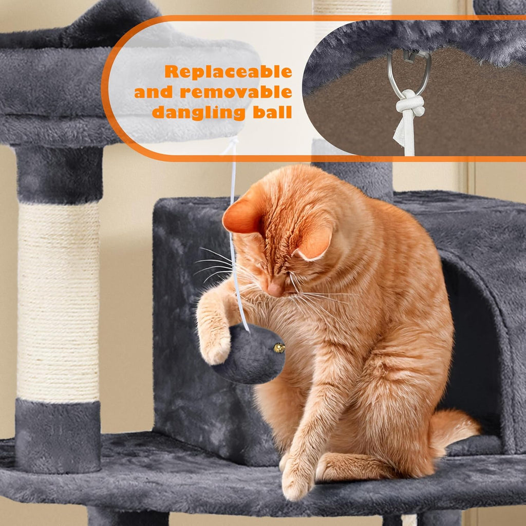 Yaheetech 62.5In Tall Cat Tree W/2 Cat-Ear Perches & 2 Condos, Dark Gray | Multi-Level Cat Tower with Scratching Posts, Hammock, Sturdy 24 X 19In Base and 88 Lb Capacity for Medium & Large Indoor Cats