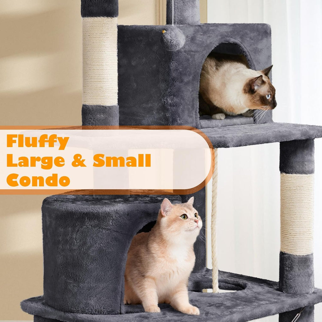 Yaheetech 62.5In Tall Cat Tree W/2 Cat-Ear Perches & 2 Condos, Dark Gray | Multi-Level Cat Tower with Scratching Posts, Hammock, Sturdy 24 X 19In Base and 88 Lb Capacity for Medium & Large Indoor Cats