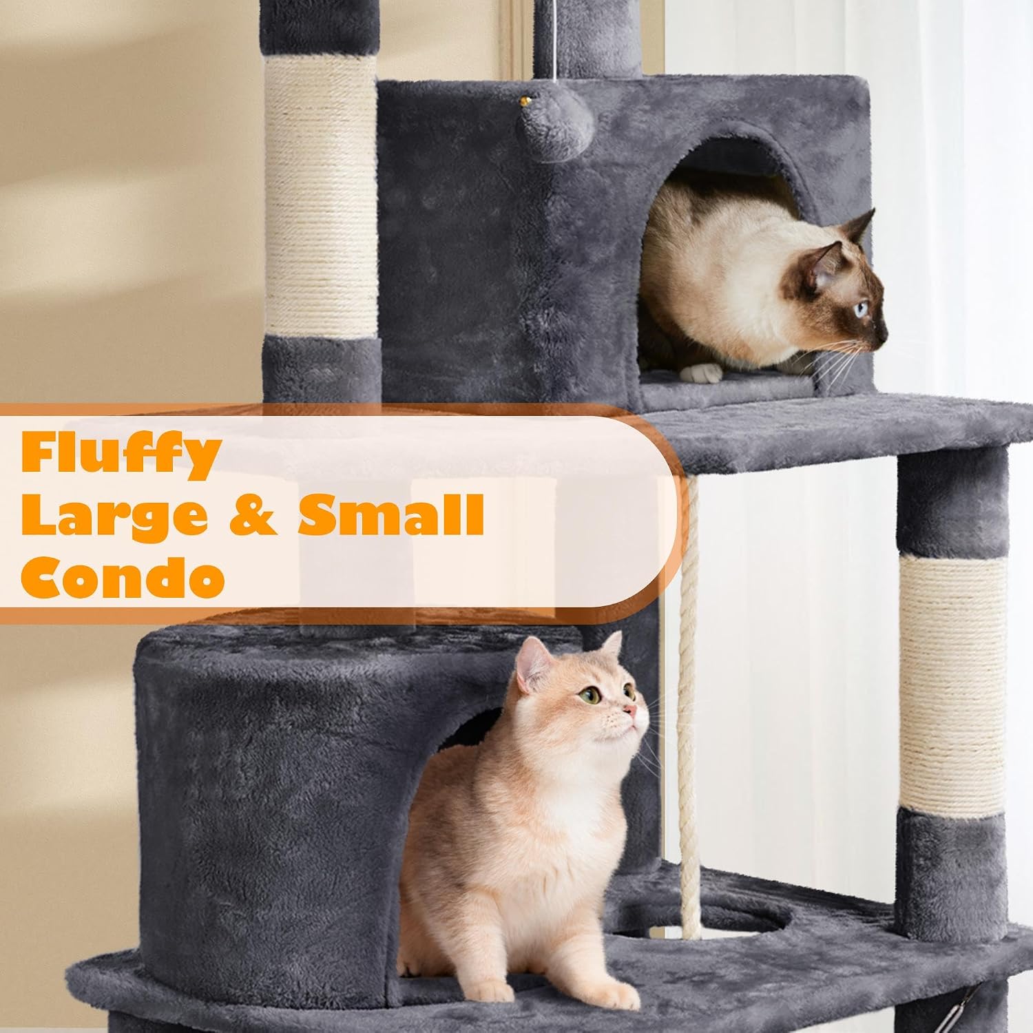Yaheetech 62.5In Tall Cat Tree W/2 Cat-Ear Perches & 2 Condos, Dark Gray | Multi-Level Cat Tower with Scratching Posts, Hammock, Sturdy 24 X 19In Base and 88 Lb Capacity for Medium & Large Indoor Cats