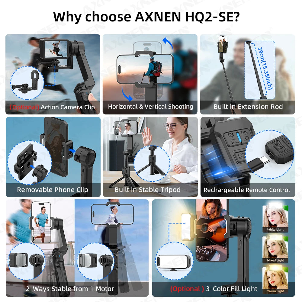 AXNEN HQ2-SE Smartphone Gimbal Stabilizer Handheld Mobile Shooting Stabilizer for Gopro Action Cameras Android iPhone Video Vlog