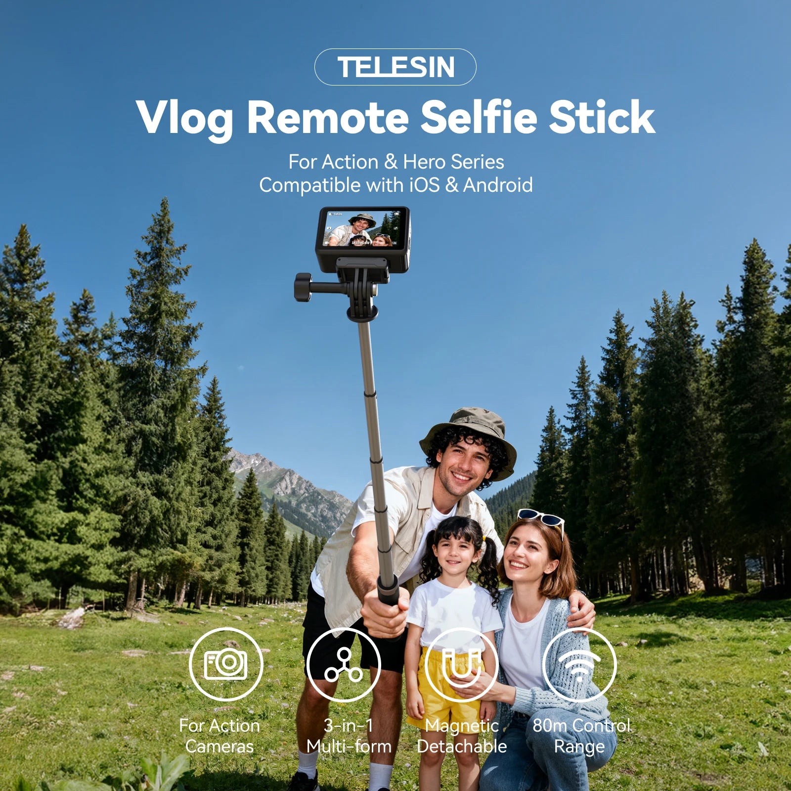 TELESIN Remote Control Wireless Bluetooth Selfie Stick Tripod For DJI OSMO Action 4 5pro 6 360 Gopro 9 10 11 12 13 Smartphone