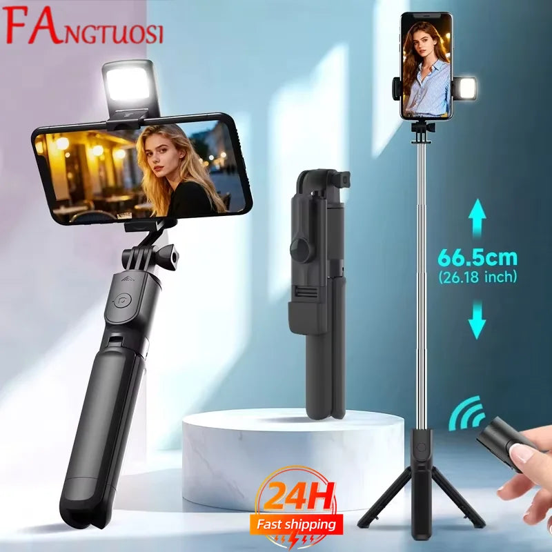 FANGTUOSI Phone Selfie Stick Tripod Bluetooth Remote Wireless Selfi Stick Phone Holder With Beauty LED Fill Light