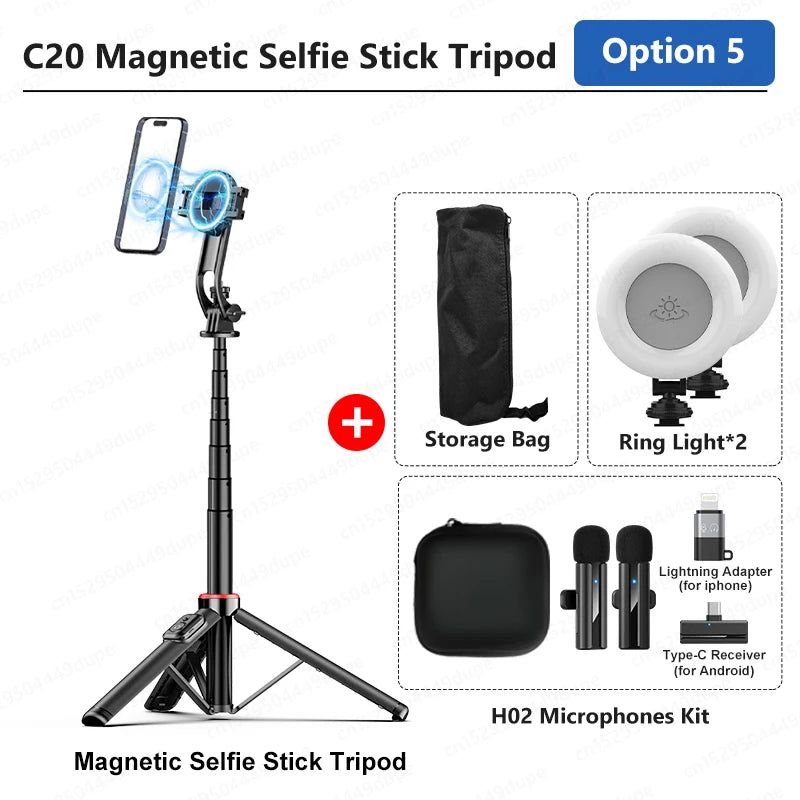 Magnetic Selfie Stick Tripod for iPhone 12-16 Pro Max, 51" Travel Tripod Stand with Magsafe, Phone Clamp for Android Smartphone