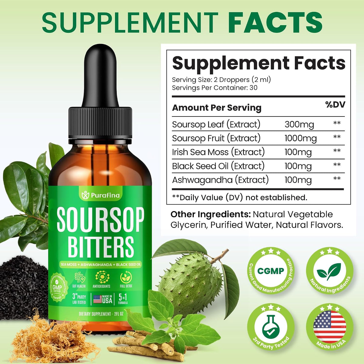 Soursop Bitters Liquid Drops 5-In-1 Detox & Cleanse with Irish Sea Moss, Black Seed Oil, Ashwagandha, Graviola Leaf Extract Organic Sour Sop Supplement Pure Herb Liver, Gut & Antioxidant (1 Bottle)
