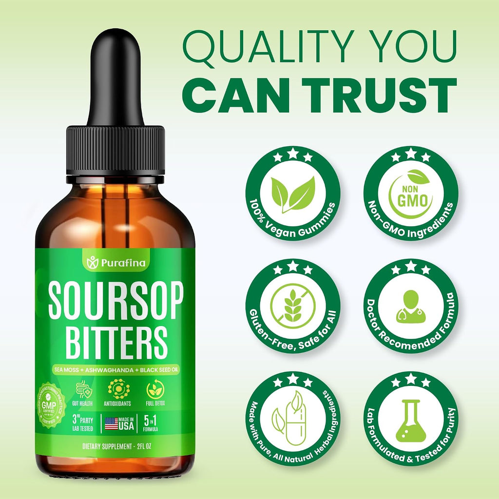 Soursop Bitters Liquid Drops 5-In-1 Detox & Cleanse with Irish Sea Moss, Black Seed Oil, Ashwagandha, Graviola Leaf Extract Organic Sour Sop Supplement Pure Herb Liver, Gut & Antioxidant (1 Bottle)