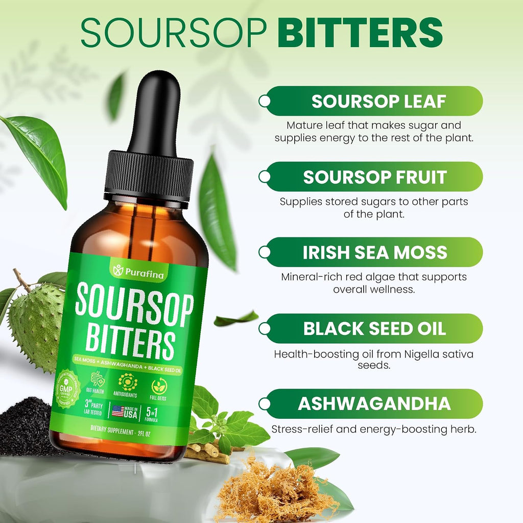 Soursop Bitters Liquid Drops 5-In-1 Detox & Cleanse with Irish Sea Moss, Black Seed Oil, Ashwagandha, Graviola Leaf Extract Organic Sour Sop Supplement Pure Herb Liver, Gut & Antioxidant (1 Bottle)